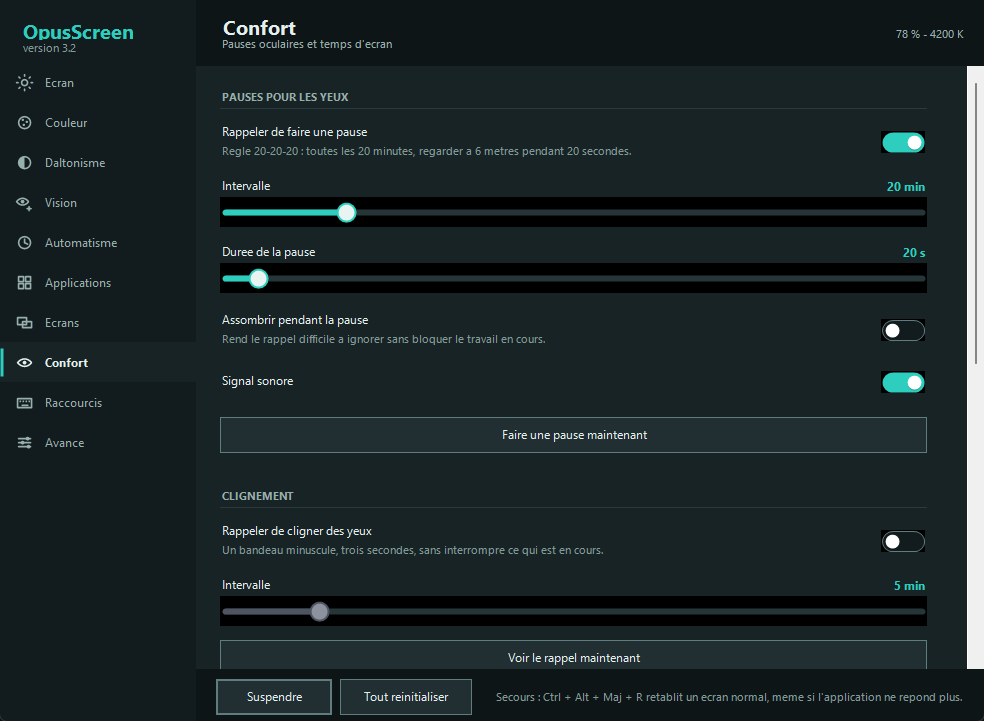 Onglet Confort : pauses pour les yeux, rappel de clignement, temps d’écran.